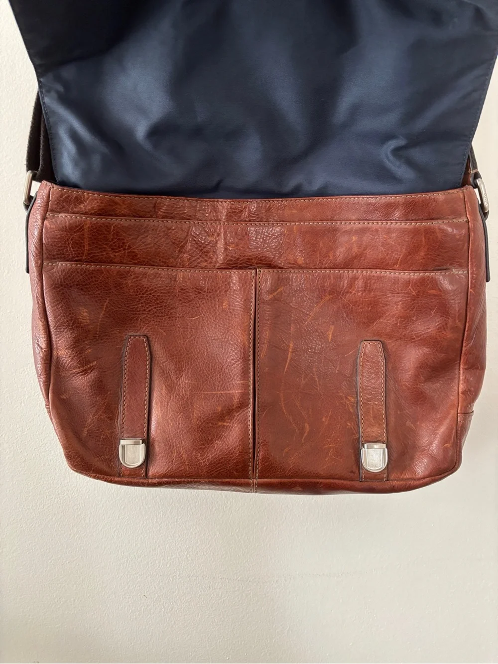 Fossil Leather Messenger Bag Dark Brown Buckle Clasp Briefcase Silver Hardware